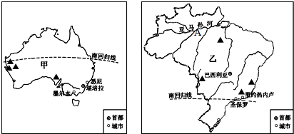 讀巴西略圖和澳大利亞城市與鐵路分布圖.完成下列各題. (1)在地球的五帶中.巴西主要屬于 帶. (2)從圖中可以看出.巴西的咖啡生產生要集中分布在該國的 部地區. (3)圖中①.②兩地中.海拔較高的是 地.請說出你的判斷理由 . (4)分析澳大利亞的人口和國土面積數據.用一句簡短的話概括澳大利亞人地關系的國情 . (5)讀圖分析.澳大利亞的鐵路題目和參考答案